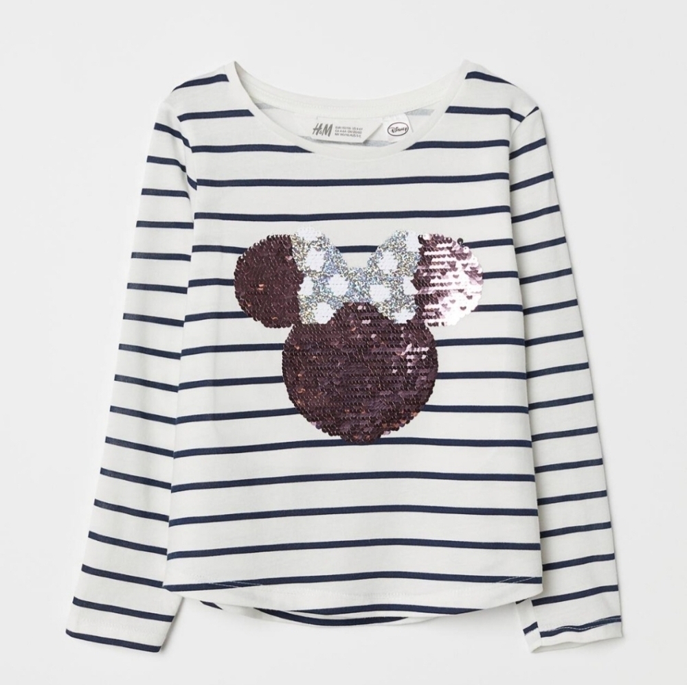 H&M Girls Kids Sequin Mouse Striped Long Sleeve Shirt White Pink Size US 8-10